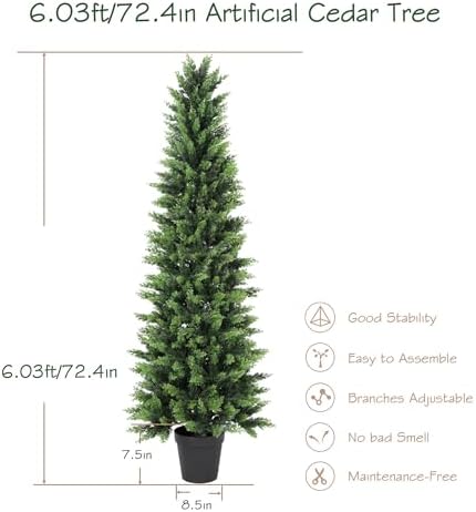 6.03ft UV Resistant Artificial Cedar Tree with Full & Soft Real Touch Leaves, 72.4in Realistic Faux Cypress Tree, Fake Topiary Trees for Front Door Proch Patio Deck Balcony Yard Decor