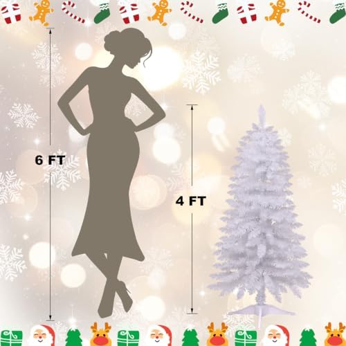 Juegoal 4 FT Pre-lit White Christmas Tree, Lighted Artificial Pine Tree, Pencil Pine Tree with Warm White Lights, 8 Lighting Mode, Battery Powered & Timer for Xmas Holiday Winter Home Party Decor