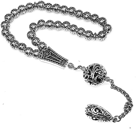 -Antique Silver Plated Collection-Worry Beads-Prayer Beads-Tesbih-Tasbih-Tasbeeh-Misbaha-Masbaha-Subha-Sebha-Sibha (Antique Silver Plated with Drop Tassel -8mm 33 Beads-)