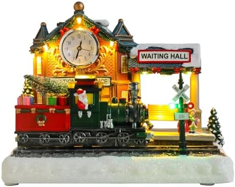WONDER GARDEN Christmas Village Houses-Christmas Houses Village - Lighted Musical Railway Station Collectible Buildings with Moving Train for Home Indoor Decor or Gift