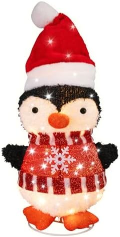 MUMTOP Lighted Christmas Penguin Decoration with Santa Hat Pop Up Ornament
