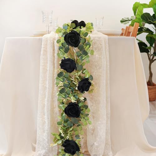 1 Pack Artificial Garland Eucalyptus Vine with 12 Roses for Home Decor Wedding Table Runner Centerpiece DIY Wreath Decor (Black)