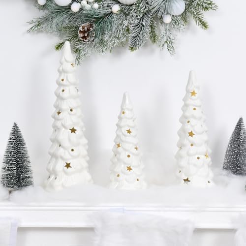 Set of 3 White Ceramic Christmas Trees that Light Up Decorations