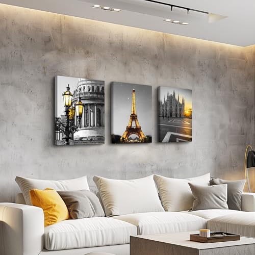 Black and white Architectural landscape Canvas Wall Art for Living Room kitchen Wall Artworks Bedroom Decoration, 3 Piece framed bathroom Home Wall decor posters Yellow Eiffel Tower wall painting