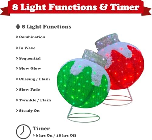 Outdoor Christmas Balls Lighted, 2pcs Pop-Up Christmas Ornaments Outdoor Decorations Prelit 160 Lights with 8 Flashing Effects, Collapsible Light Up Hanging Lantern Ball for Home Yard Decor-Red/Green