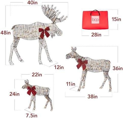 Best Choice Products 2D Moose Family Outdoor 3pc Christmas Yard Décor, 4ft Lighted Set Prelit All-Weather w/ 195 LEDs, Ground Stakes - Rattan