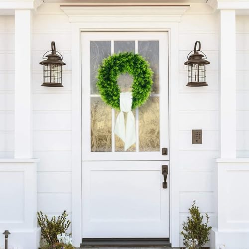 24" Boxwood Wreaths for Front Door – Large Boxwood Wreath with Sash