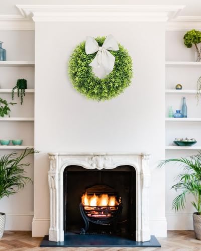22 Inch Artificial Boxwood Wreaths for Front Door with Sash Outdoor Summer Wreath for Front Door, Spring Green Wreath UV Resistant Waterproof for Wall Window Porch Farmhouse Wedding Year Round