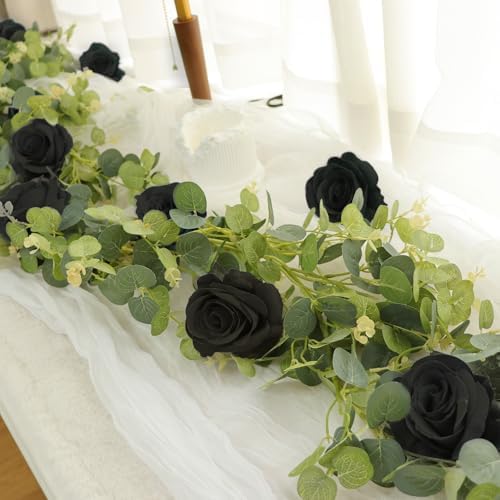 1 Pack Artificial Garland Eucalyptus Vine with 12 Roses for Home Decor Wedding Table Runner Centerpiece DIY Wreath Decor (Black)