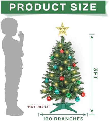 SUNSHINE DECOR Green Christmas Tree with Light 3ft Artifical Full Christmas Tree with Ball & Star Ornaments 8 Lighting Modes for Holiday Decor