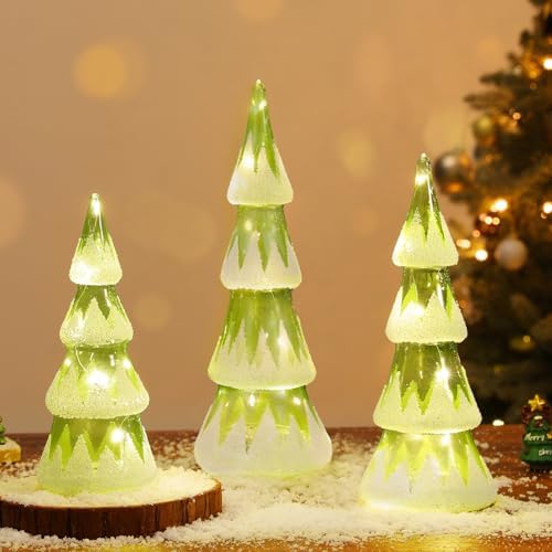 Lewondr LED Glass Christmas Tree Tabletop, Snow Cover Cedar Tree, 3 PCS