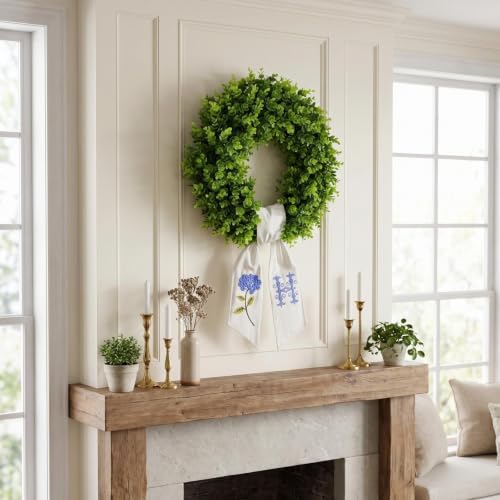 Boxwood Wreath for Front Door Spring Summer Wreaths Farmhouse Hanger,Last Name Initial Year Round Porch Decor,20 inch Multi Occasion use Wreath with Personalized Monogram sash Embroidered - (H)
