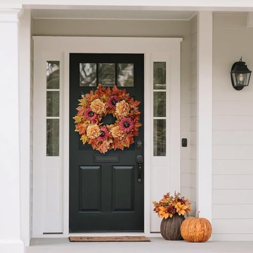 28" Large Artificial Fall Wreath with Flowers for Front Door Decor (Orange)