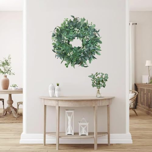 24"-26“ Green Eucalyptus Wreaths for Front Door with White Berries – Lifelike Spring, Summer, and Winter Wreath for Farmhouse Front Porch, Window, Door Decor