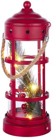 Alpine Corporation 13" Tall Metal and Glass Christmas Lantern with 8 Warm White LED Lights, Built-in Timer, Indoor Holiday Decoration for Tabletop or Hanging Display, Red