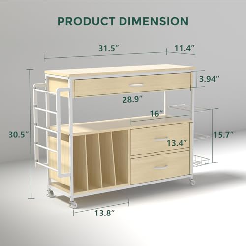 Wrapping Paper Storage & Organizer, Craft Cart with Ribbon & Gift Bag Storage, Wrapping Paper Organizer Holder(3 Wooden Drawers- Oak)