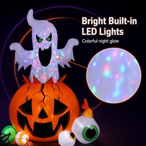 8FT Halloween Inflatable Ghost Pumpkin with Colorful LED Lights Yard Decor