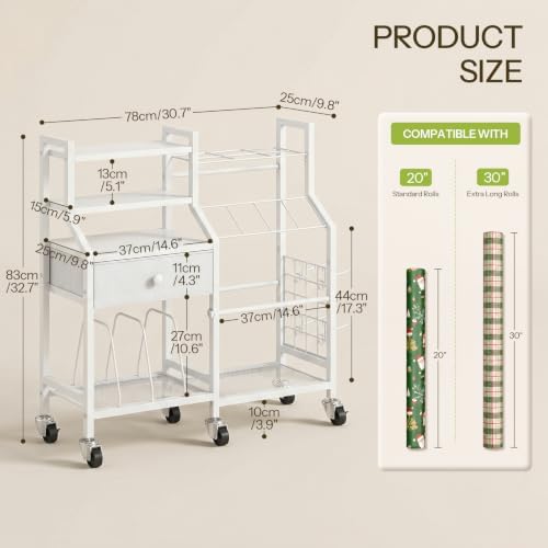 HOOBRO Wrapping Paper Storage Cart, Rolling Gift Wrap Station with Drawer