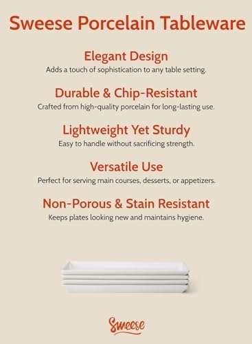 Sweese Porcelain Serving Platters 11.7 Inch - Elegant White Rectangular Plates, Set of 4 for Parties, Sushi, Appetizers