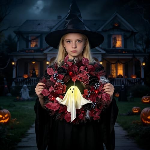 HipTree 20 Inch Lighted Ghost Halloween Wreath for Front Door