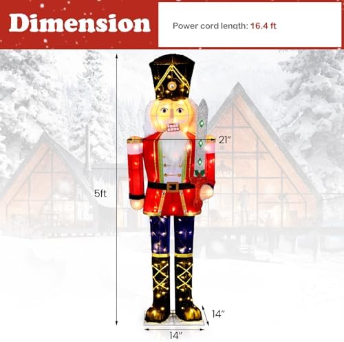 Tangkula 5 FT Christmas Lighted Nutcracker Holding Glitter Sword Decoration