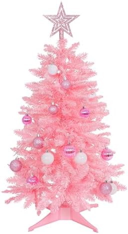 SUNSHINE DECOR Pink Christmas Tree with Light 3ft Artifical Full Christmas Tree with Ball & Star Ornaments 8 Lighting Modes for Holiday Decor