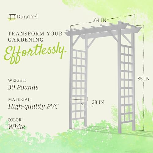 Dura-Trel Providence Arbor, Vinyl Garden Archway for Outdoors, 64" x 85", White - Backyard Decorative Arch and Backdrop with Lattice Design and Trellis Sides for Climbing Plants, Vines and Flowers