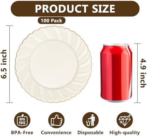 YOUBET 100Pack Ivory Scalloped Plastic Plates for Parties