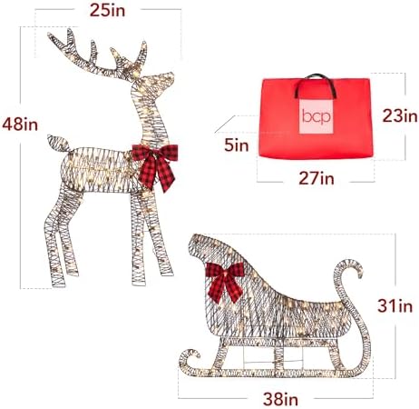 Best Choice Products 4ft Lighted 2D Reindeer & Sleigh Set, Christmas Holiday Deer & Sled Outdoor Yard Decoration w/ 140 LED Lights - Rattan
