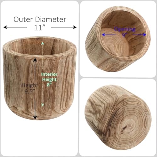 CYS EXCEL 11'' Wood Cylinder Planter, Burnt Finish, Lightweight, Floor Cachepot for Artificial Trees, Faux Greenery, & Live Houseplants, Fiddle Leaf Figs, or Monsteras (in Plastic Liner Pots Only)