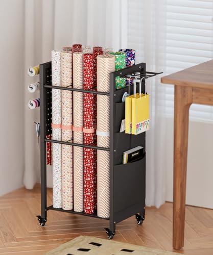 wrapping paper storage organizer with wheels & bag, front angle view