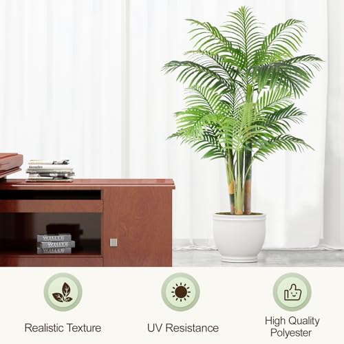 5ft Tall Triple Golden Cane Palm Artificial Tree Large Tropical Palm Tree UV Resistant Fake Plant in Pot for Indoor Outdoor Big House Living Room Outside Patio Office Home Decor 1Pack