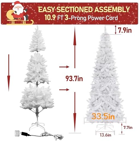 Yardenaler 7.5FT Artificial Christmas Tree with 350 LED Lights, 900 Branches Pre-Lit Pencil Christmas Tree, Slim Xmas Tree with Base for Indoor, Cool White Lights Festival Decoration for Party, White
