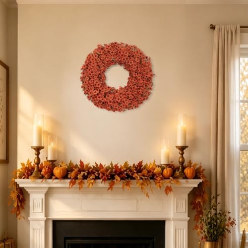 24" Orange Fall Wreath for Front Door, Artificial Mums Autumn Wreath
