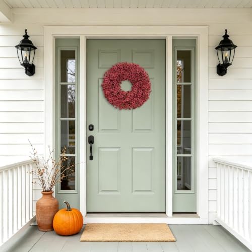 20" Burgundy Fall Wreath for Front Door, Artificial Mums Autumn Wreath