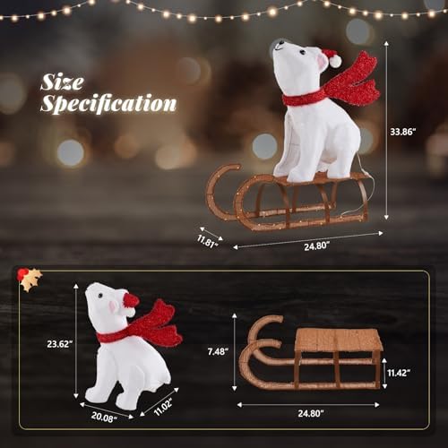 VINGLI 2.8FT Lighted Sleigh Polar Bear Christmas Outdoor Decorations, Christmas Yard Decorations with 104 Prelit LED, Light up Polar Bear Christmas Decor Outdoor for Garden, Lawn, Outside, Plug-in