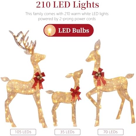 3-Piece Lighted Christmas Deer Family - HOLILITE 4.5ft 3D Pre-Lit Reindeer Outdoor Decorations with 210 LED Lights, Yard/Garden/Patio Holiday Display - Gold