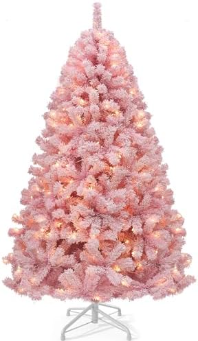 YITAHOME 6FT Prelit Pink Flocked Christmas Tree with Warm-White Lights