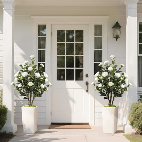 Romantic season 4FT Artificial Camellia Tree with White Tall Planter, Faux Camellia Plant Flower Tree for Modern Home Office Living Room Floor Décor Outdoor Indoor,White