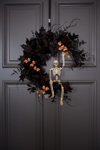 20" Pre-lit Halloween Black Moon Wreath with Poseable Skeleton, Handmade Halloween Wreath Decor for Home Front Door Porch Wall Hanging