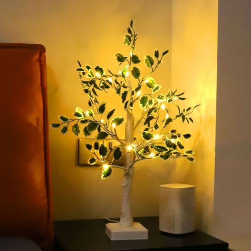24 LED Artificial Tree Lamp, Lighted Trees for Indoor Decor USB/Battery Powered with Timer, DIY Green Leaves Light Up Tree Fairy Spirit for Table Home Bedroom Spring Decoration