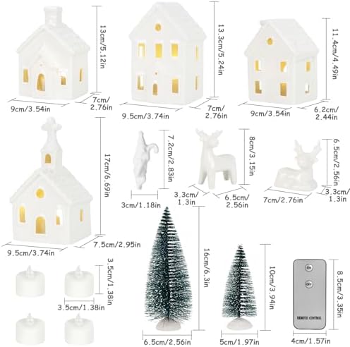 Christmas Decorations Indoor - 9 Piece Christmas Village Sets with 4 Remote Control Lighted Ceramic Houses, 2 Trees, 2 Deer & Santa - Neutral White Farmhouse Holiday Decor for Home Table Room(White)