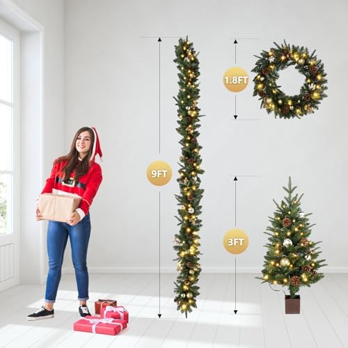 VINGLI Pre-lit 5-Piece Set Christmas Tree with LED Lights, Christmas Garlands, Wreath and Set of 2 Entrance Trees Artificial Christmas Porch Decorations, Gold