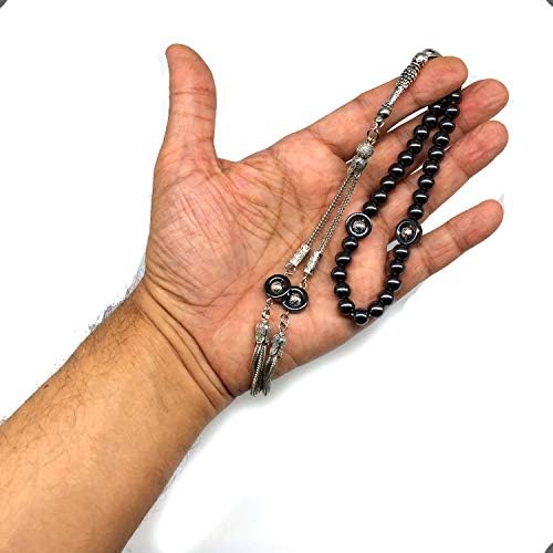 Design - Long & Stylist Tassels Worry Beads - Prayer Beads (8 mm-33 Beads) Tesbih-Tasbih-Tasbeeh-Misbaha-Subha-Sebha-Sibha-Rosary (Black Hematite - Silver Plated)