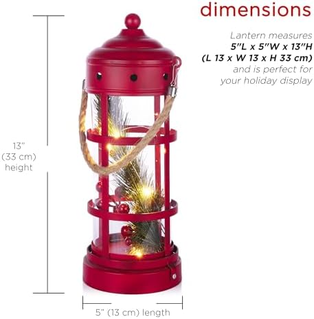 Alpine Corporation 13" Tall Metal and Glass Christmas Lantern with 8 Warm White LED Lights, Built-in Timer, Indoor Holiday Decoration for Tabletop or Hanging Display, Red
