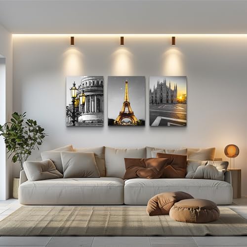Black and white Architectural landscape Canvas Wall Art for Living Room kitchen Wall Artworks Bedroom Decoration, 3 Piece framed bathroom Home Wall decor posters Yellow Eiffel Tower wall painting