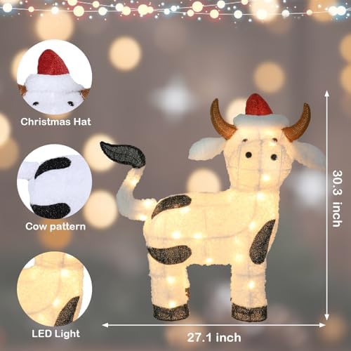 Bshine Lighted Christmas Cow Decor, Pre Lit LED Holiday Display