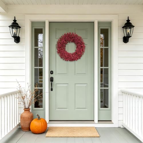 24" Burgundy Fall Wreath for Front Door, Artificial Mums Autumn Wreath