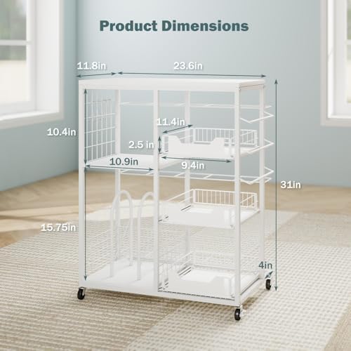 LUCKUP Rolling Wrapping Paper Organizer Cart – Gift Wrap Storage with Wheels, 20 Roll Holders, 3 Drawers & Ribbon Dispenser, Craft Organizer for Christmas, Birthdays, White