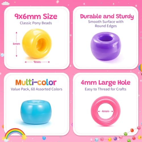 Umikk 10000Pcs Pony Beads Bulk, 60 Colors Kandi Beads for Bracelets